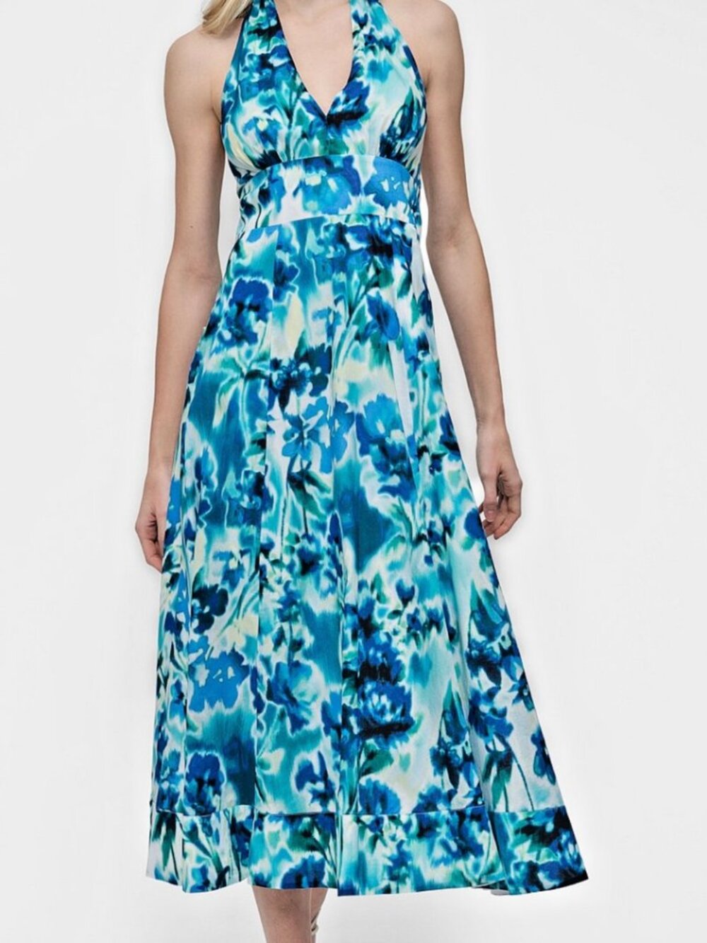DKNY Blue Floral Halter Maxi Dress Size 12 Womens Summer Sleeveless Tie-Back